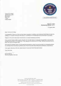 Confirmation letter from Guinness World Records